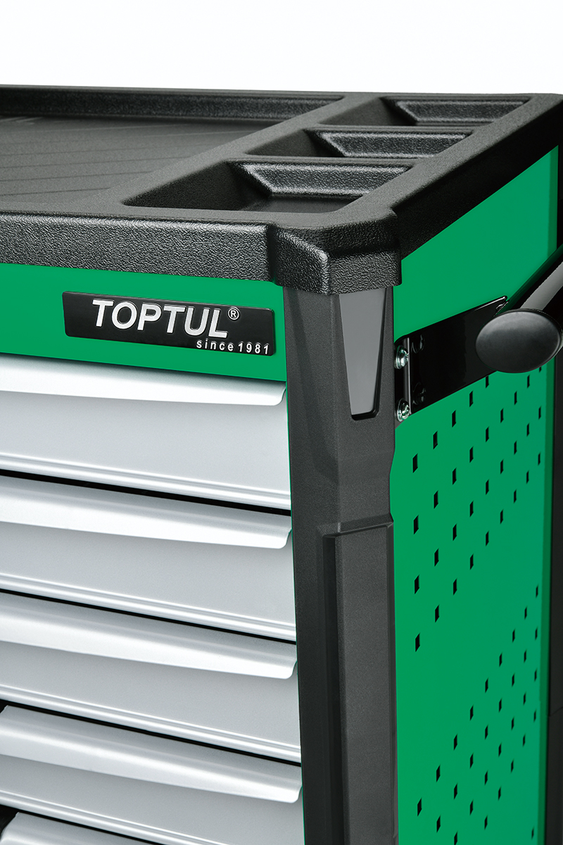 Dulap mobil pentru scule cu 7 sertare TOPTUL GE21322, cu roti pentru deplasare, negru/verde/gri, echipat 213 piese