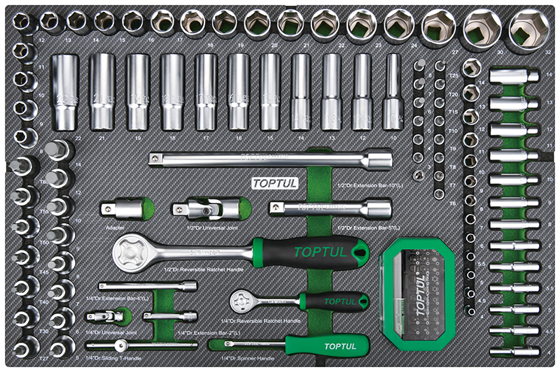 Dulap mobil pentru scule cu 7 sertare TOPTUL GE21322, cu roti pentru deplasare, negru/verde/gri, echipat 213 piese