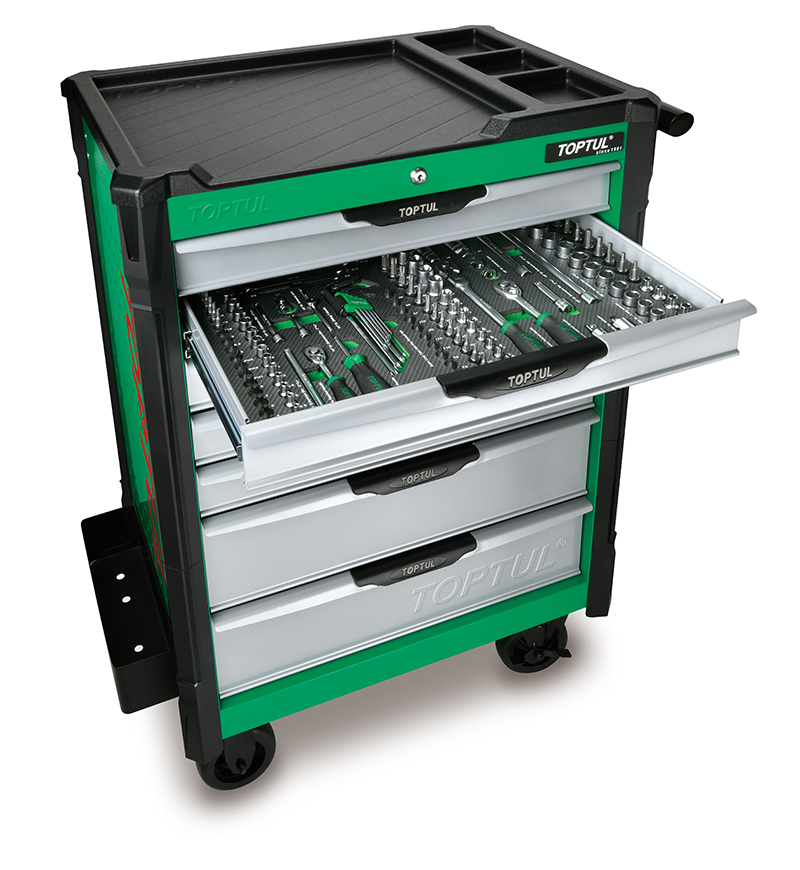 Dulap mobil pentru scule cu 7 sertare TOPTUL GE21322, cu roti pentru deplasare, negru/verde/gri, echipat 213 piese