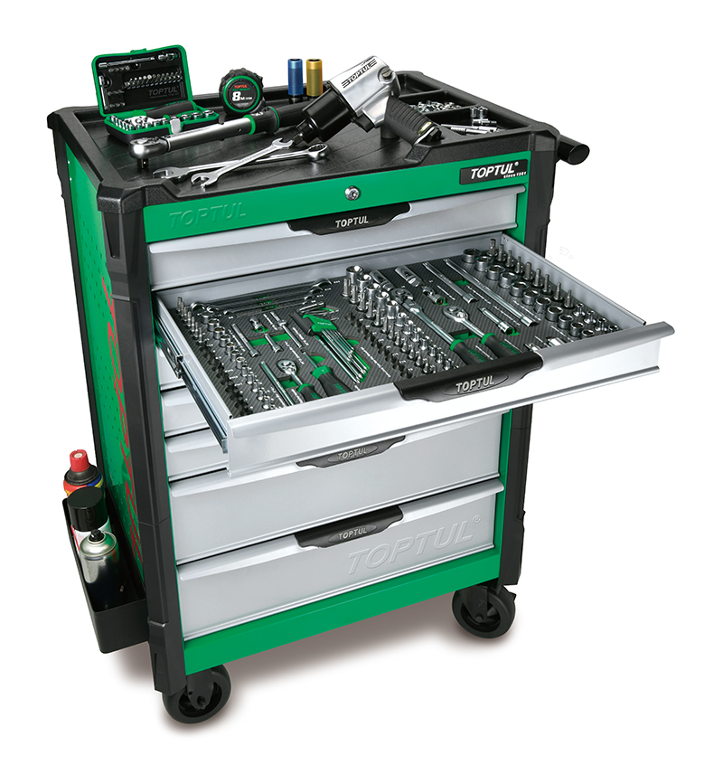 Dulap mobil pentru scule cu 7 sertare TOPTUL GE21322, cu roti pentru deplasare, negru/verde/gri, echipat 213 piese