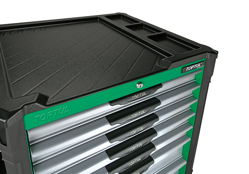 Dulap mobil pentru scule cu 7 sertare TOPTUL GE21322, cu roti pentru deplasare, negru/verde/gri, echipat 213 piese