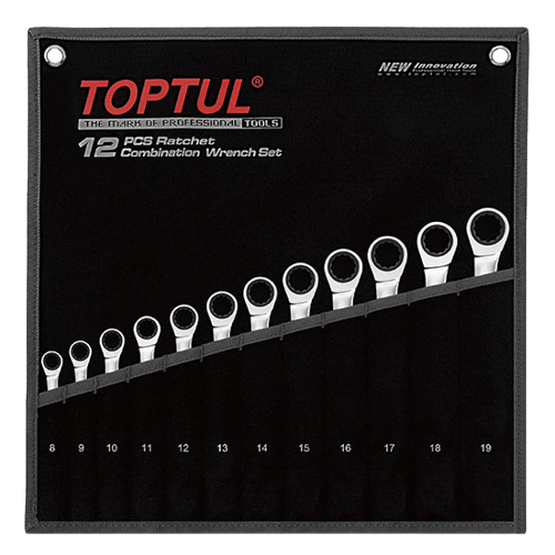 Set 12 chei combinate cu clichet TOPTUL GPAQ1202, deschidere chei 8, 9, 10, 11, 12, 13, 14, 15, 16, 17, 18, 19 mm, husa depozitare