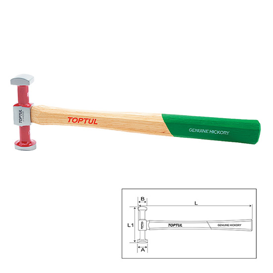 Ciocan pentru tinichigerie TOPTUL JFAA0533, diametru cap A 29.5 mm, cap B 25.5x25.5 mm, lungime 325 mm, maner lemn
