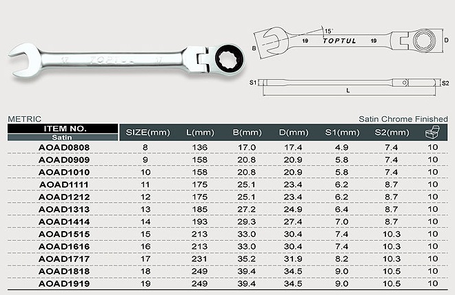 Cheie flexibila combinata cu clichet TOPTUL AOAD1010, 72 dinti, deschidere cheie 10 mm, lungime 158 mm, crom vanadiu, finisaj satinat