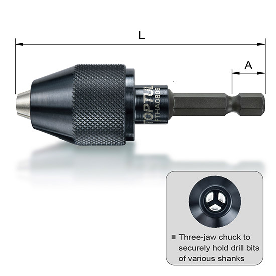 Mandrina rapida cu 3 falci TOPTUL FTHA0806, tija hex 1/4 inch, lungime prindere 9.5 mm EU, prindere 0.5 - 6.35 mm, lungime 75 mm
