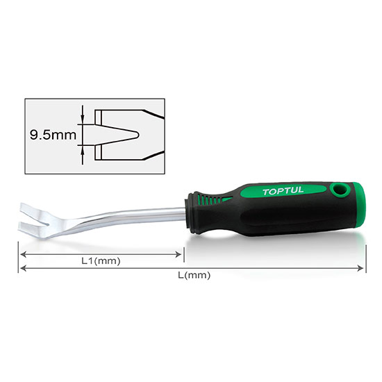 Levier pentru demontare cleme tapiterie TOPTUL JJAE1011, deschidere falci 9.5 mm, lungime activa 110 mm, lungime totala 230 mm