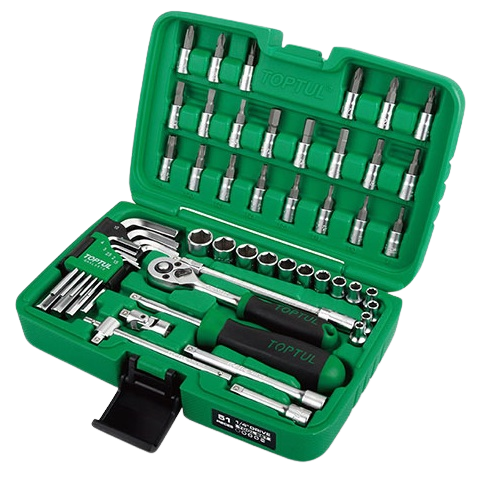 Trusa 51 chei tubulare TOPTUL GCAI5102, prindere 1/4 inch, chei 4-14 mm, antrenor clichet, prelungitor, bara forta, set inbus, cutie depozitare