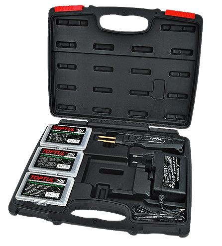 Kit aparat pentru lipit si reparat plastic TOPTUL JGAI0102E, 100 x 3 tipuri de capse, alimentare AC 100-240 V / 50-60 Hz