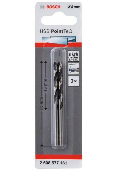 Set 2 burghie metal BOSCH HSS PointTeQ 2608577161, diametru 4.0 mm, lungime de lucru 43 mm, lungime totala 75 mm