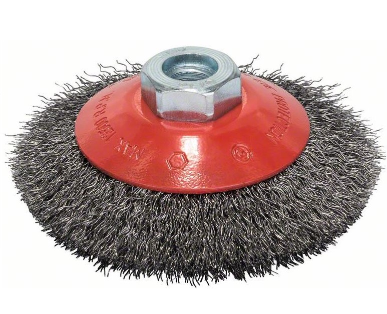 Perie conica de sarma ondulata BOSCH 2608622057, diametru 100 mm, prindere filet M14, grosime sarma 0.3 mm, turatie 12500 rpm