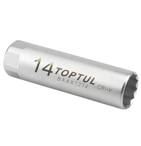 Cheie tubulara pentru bujii TOPTUL BAAX1214, cu arc lamela, antrenor patrat 3/8 inch, deschidere cheie 14 mm, lungime 63 mm, crom vanadiu