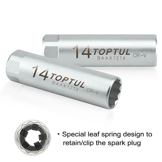 Cheie tubulara pentru bujii TOPTUL BAAX1214, cu arc lamela, antrenor patrat 3/8 inch, deschidere cheie 14 mm, lungime 63 mm, crom vanadiu