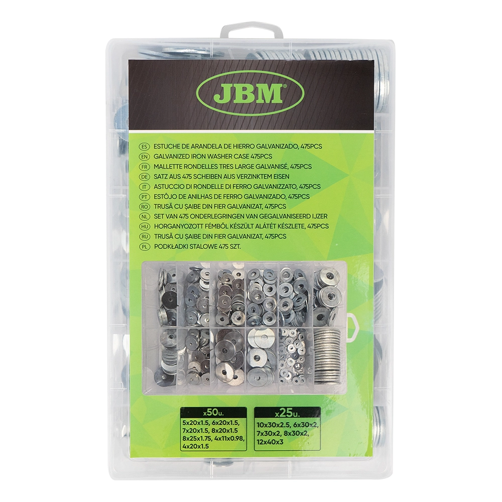 Trusa 475 saibe JBM 52158, grosime 0.98-3 mm, diametru interior 5-12 mm, diametru exterior 11x40 mm, din fier galvanizat