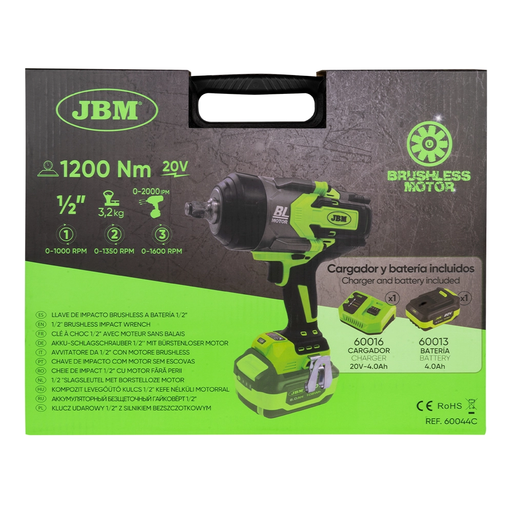 Masina de insurubat cu impact JBM 60044C, 1/2 inch, Li-Ion, 20 V, 1200 Nm, 1900 rpm, 1 x acumulator si incarcator, cutie depozitare