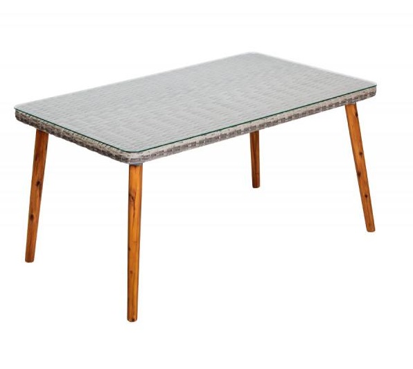 Masa de terasa din ratan VILLAGER DIXON 060359, blat sticla securizata, structura metalica, picioare lemn, 150x90x75 cm, gri
