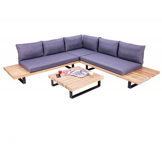 Set mobilier gradina VILLAGER AVILA 067204, coltar din lemn, picioare metal, 255x82x36.5 cm, masa 82x82x25x10.5 cm, negru/gri/maro