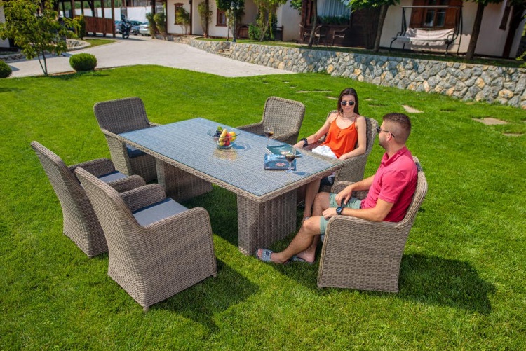 Masa de terasa din ratan VILLAGER SICILY 060356, blat din sticla securizata 5 mm, 200x100x75 cm, bej