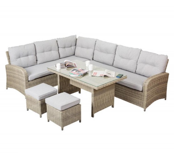 Set mobilier de gradina VILLAGER TOUAREG 060377, coltar 187/180x85x80 cm, 2 x tabureti 40x40x32 cm, masa 130x75 cm, bej/gri