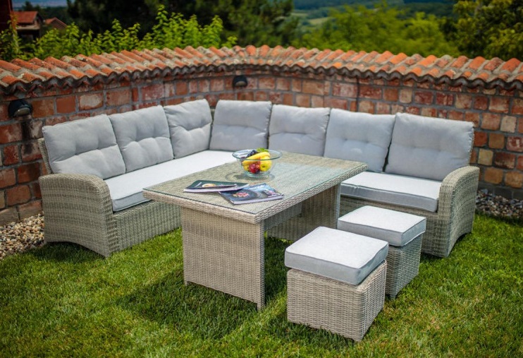 Set mobilier de gradina VILLAGER TOUAREG 060377, coltar 187/180x85x80 cm, 2 x tabureti 40x40x32 cm, masa 130x75 cm, bej/gri