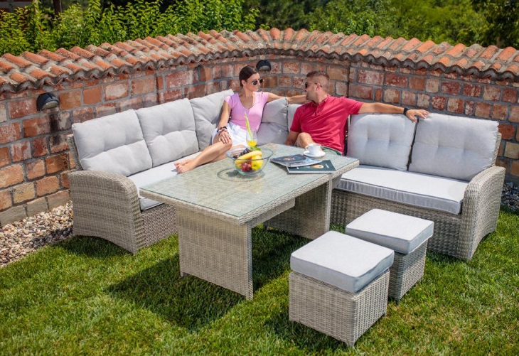 Set mobilier de gradina VILLAGER TOUAREG 060377, coltar 187/180x85x80 cm, 2 x tabureti 40x40x32 cm, masa 130x75 cm, bej/gri