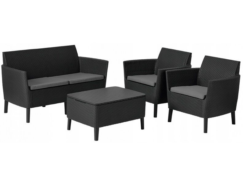 Set mobilier gradina KETER Salemo 253220, canapea 2 locuri, 2 fotolii, masa dreptunghiulara cu spatiu depozitare, cu perne, grafit, polipropilena