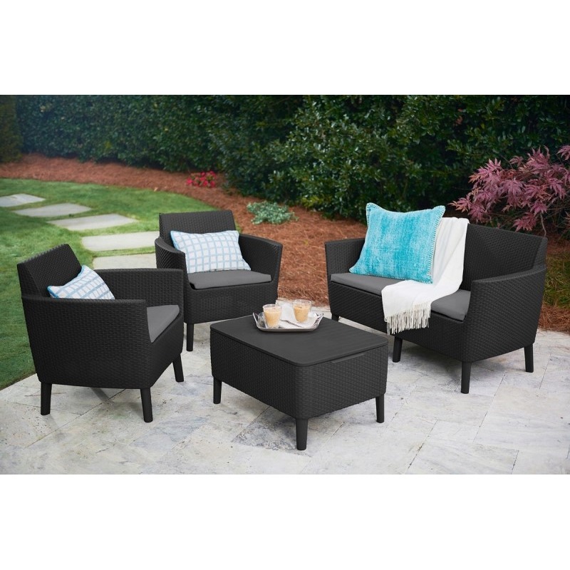 Set mobilier gradina KETER Salemo 253220, canapea 2 locuri, 2 fotolii, masa dreptunghiulara cu spatiu depozitare, cu perne, grafit, polipropilena