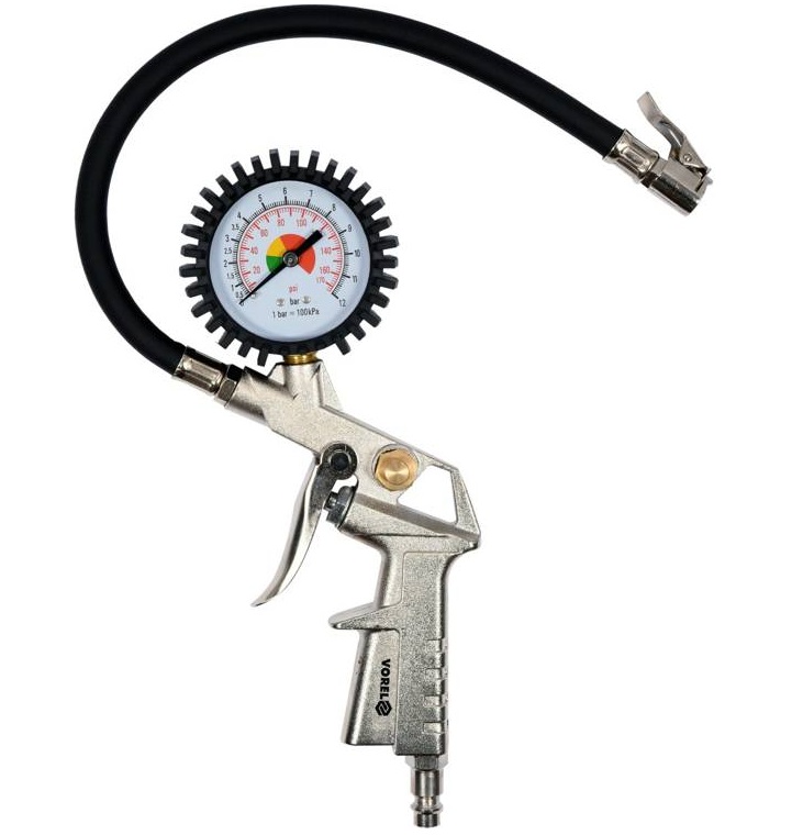 Pistol de aer pentru pneuri VOREL 81650, cu manometru, presiune maxima 8 bar, maner metalic, cu furtun
