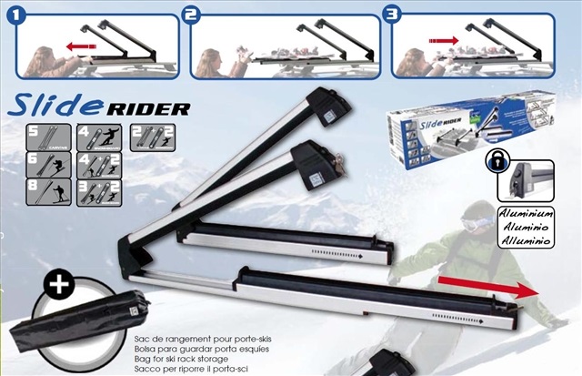 Suport auto pentru schiuri GREEN VALLEY Rider 160 510, aluminiu, prindere pe barele transversale, pentru 6 perechi schiuri, 4 snowboard, cu antifurt