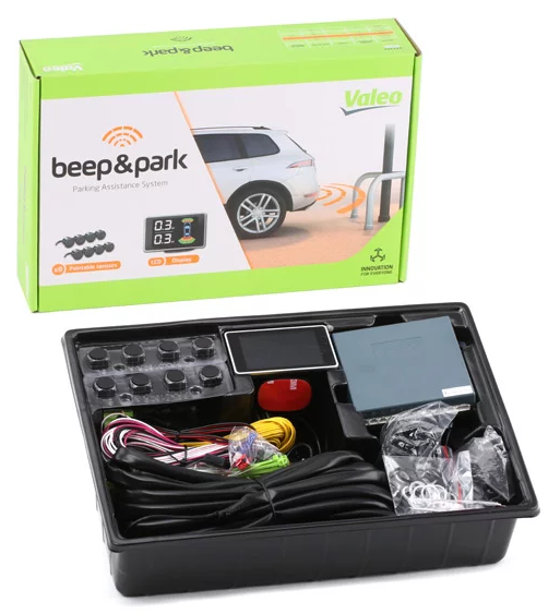 Kit parktronic cu 8 senzori de parcare VALEO 632202, 12V, montare fata/spate, fata/spate, display LCD, compatibil cu vehicule cu carlige de remorcare