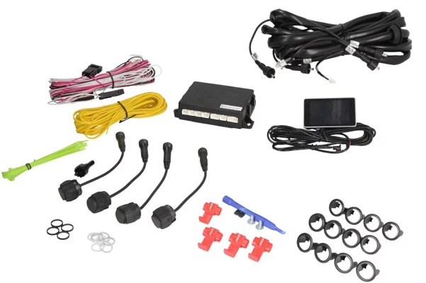 Kit 4 senzori de parcare cu avertizare sonora VALEO 632201, 12V, montare fata/spate, display LCD, compatibil cu vehicule cu carlige de remorcare