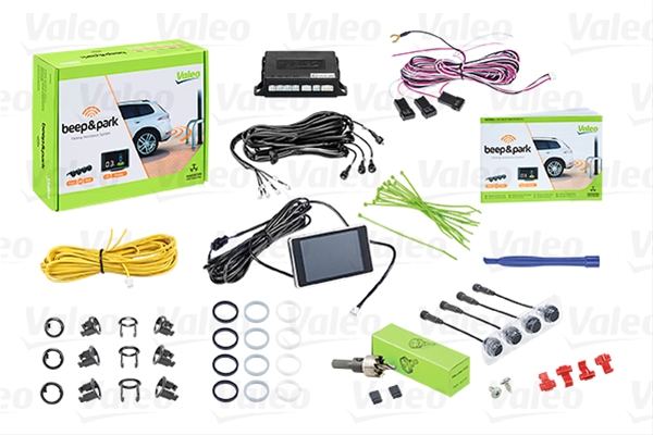 Kit 4 senzori de parcare cu avertizare sonora VALEO 632201, 12V, montare fata/spate, display LCD, compatibil cu vehicule cu carlige de remorcare