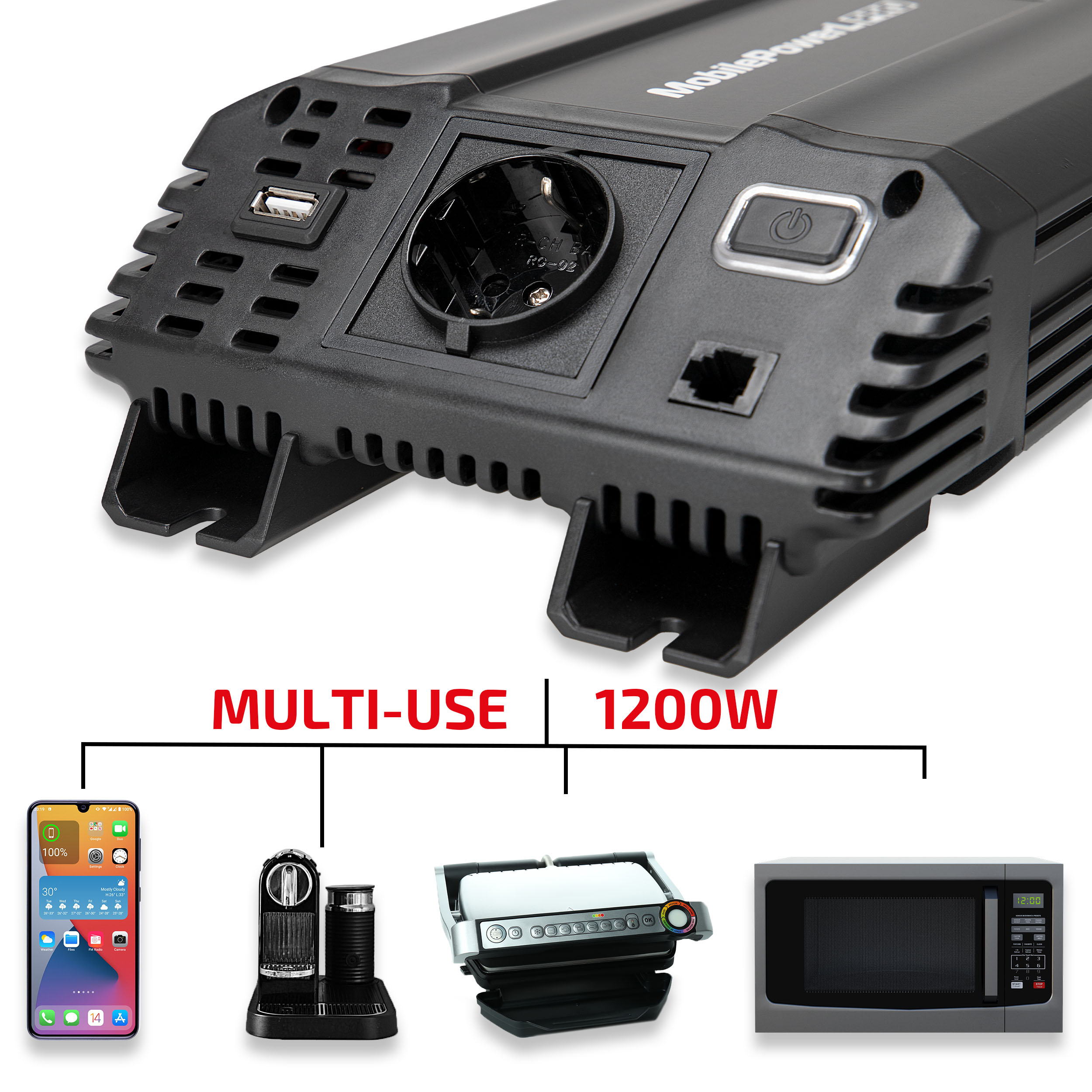 Invertor de tensiune auto HEYNER Premium L Pro 511940, 600-1200 W, intrare 12V, iesire 230V, priza USB