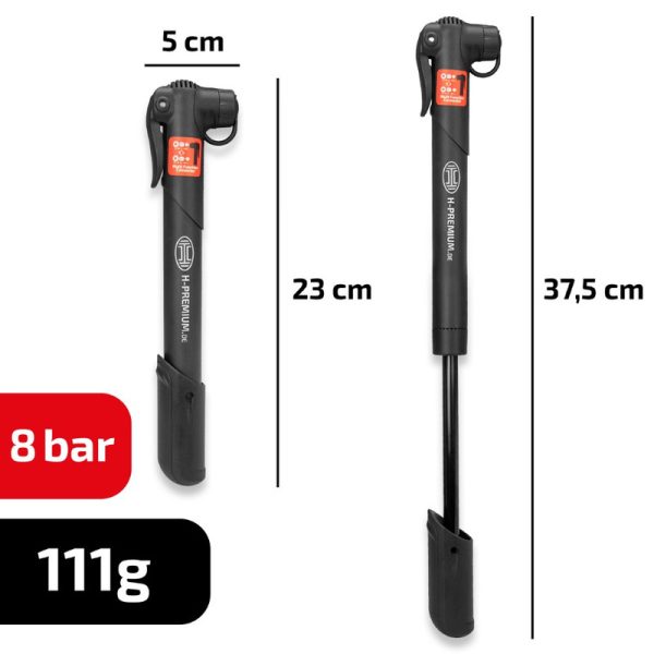 Pompa manuala pentru biciclete HEYNER 216400, 8 bar, suport montare, mufe Schrader, Presta si Dunlop