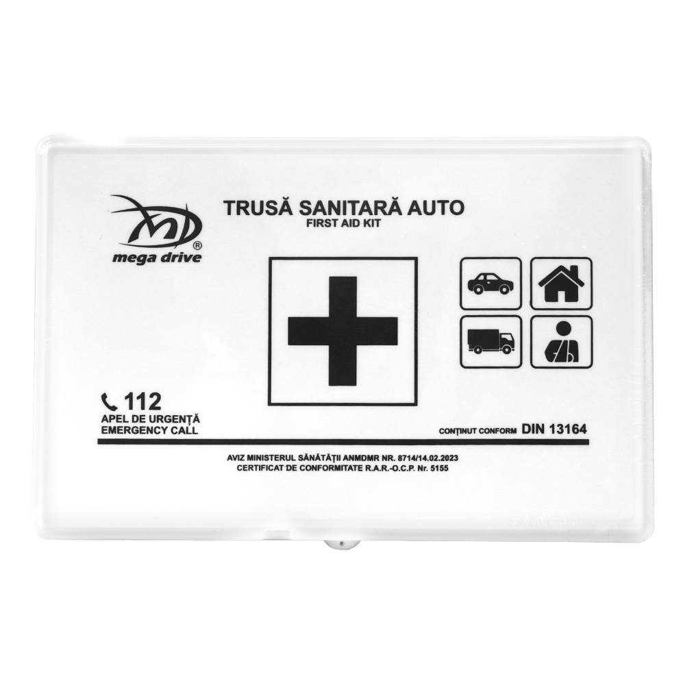Trusa medicala auto MEGA DRIVE 107193, cu omologare RAR, in conformitate cu DIN 13164, valabilitate 5 ani