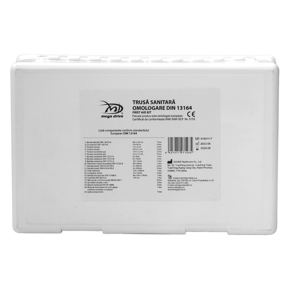 Trusa medicala auto MEGA DRIVE 107193, cu omologare RAR, in conformitate cu DIN 13164, valabilitate 5 ani