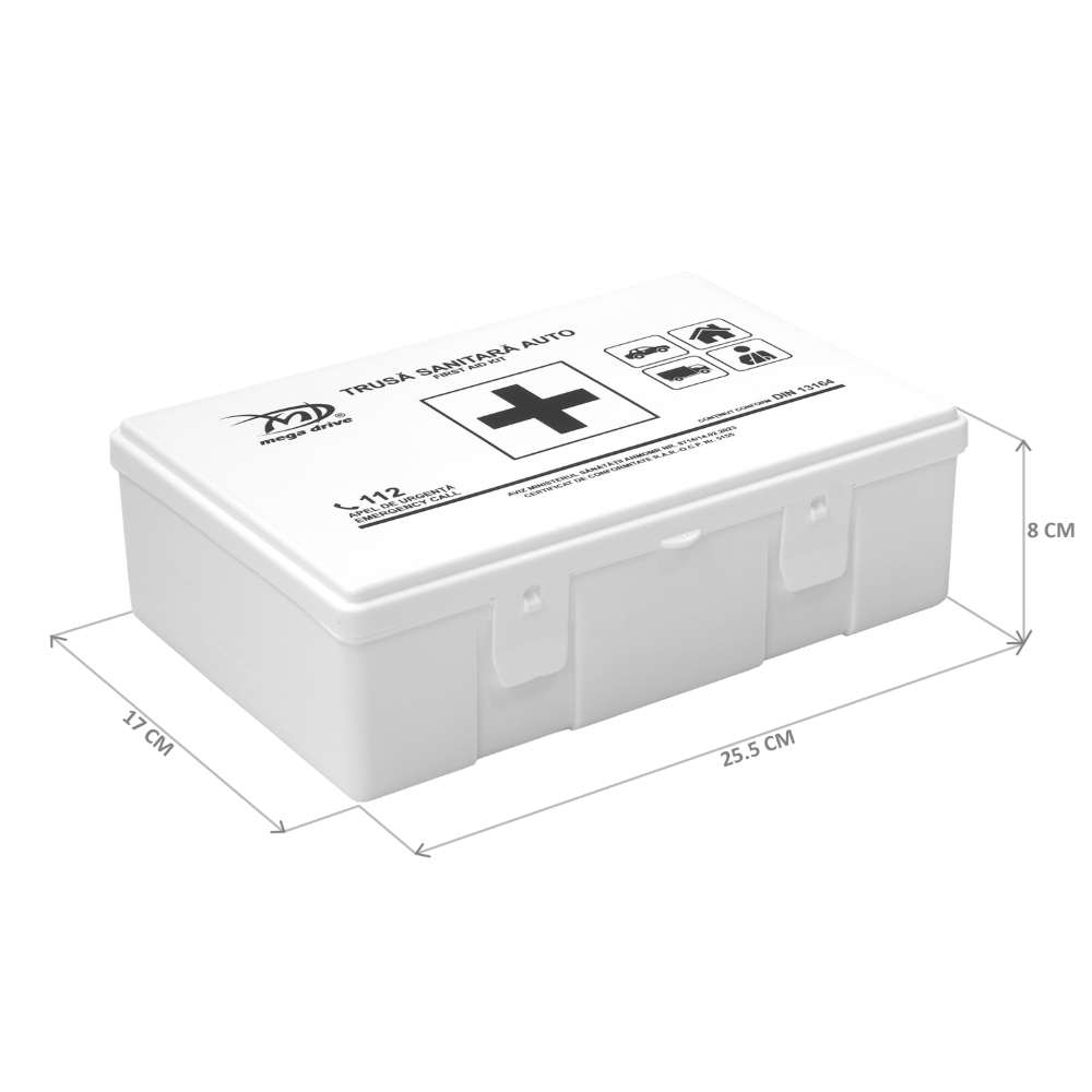 Trusa medicala auto MEGA DRIVE 107193, cu omologare RAR, in conformitate cu DIN 13164, valabilitate 5 ani