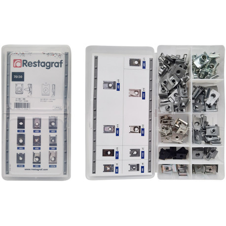 Set 114 piulite metalice pentru fixare RESTAGRAF U-NUT A70130, 3.5 - 8 mm, pentru elemente caroserie auto, cutie depozitare