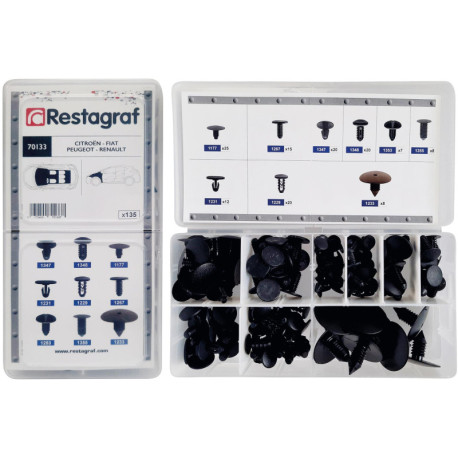 Set 135 clipsuri auto RESTAGRAF A70133, diametru 4.7 - 10.2 mm, plastic, negru, cutie depozitare