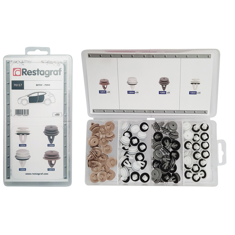 Set 80 clipsuri auto RESTAGRAF A70157, plastic, pentru BMW, Mini, cutie depozitare