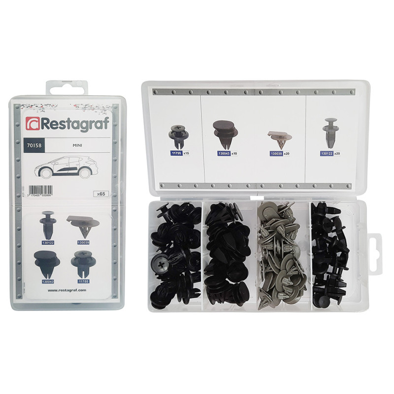 Set 65 clipsuri auto RESTAGRAF A70158, plastic, pentru Mini, cutie depozitare