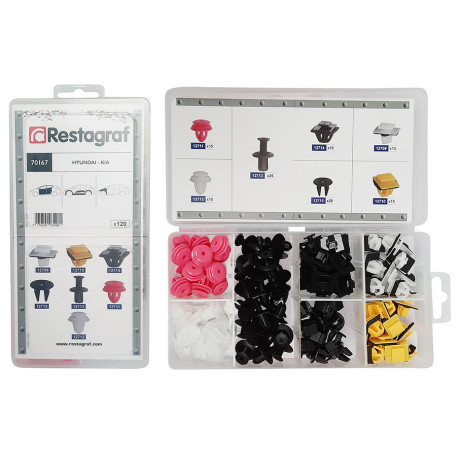 Set 120 clipsuri auto RESTAGRAF A70167, plastic, pentru Hyundai, Kia, cutie depozitare
