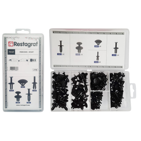 Set 110 clipsuri auto RESTAGRAF A70169, plastic, pentru Mercedes-Benz, Smart, cutie depozitare