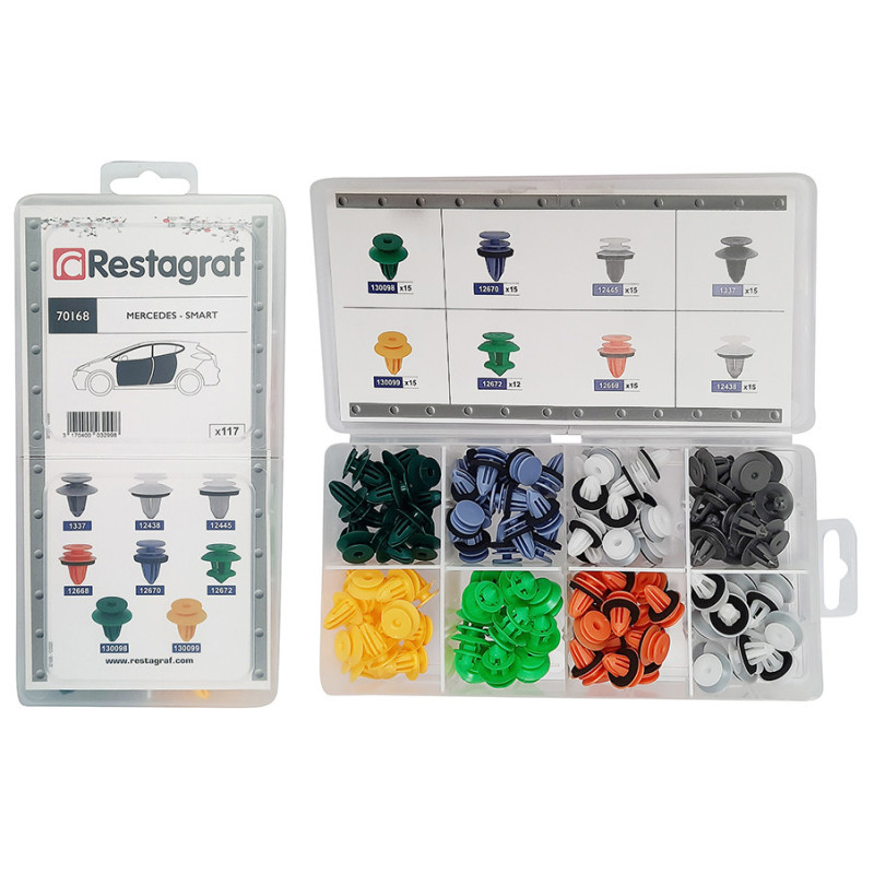 Set 117 clipsuri auto RESTAGRAF A70168, plastic, pentru Mercedes-Benz, Smart, cutie depozitare
