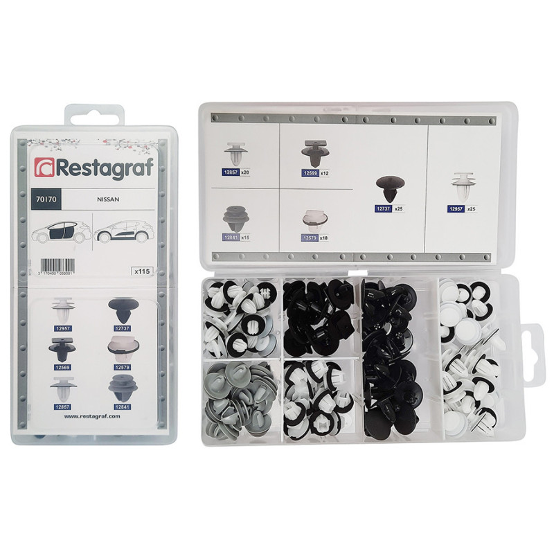 Set 115 clipsuri auto RESTAGRAF A70170, plastic, pentru Nissan, cutie depozitare