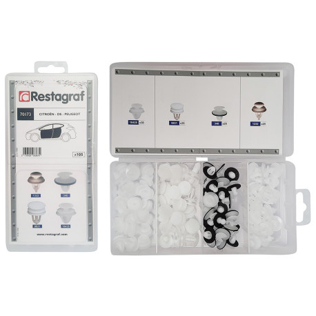 Set 105 clipsuri auto RESTAGRAF A70173, plastic, pentru Citroen, Peugeot, cutie depozitare