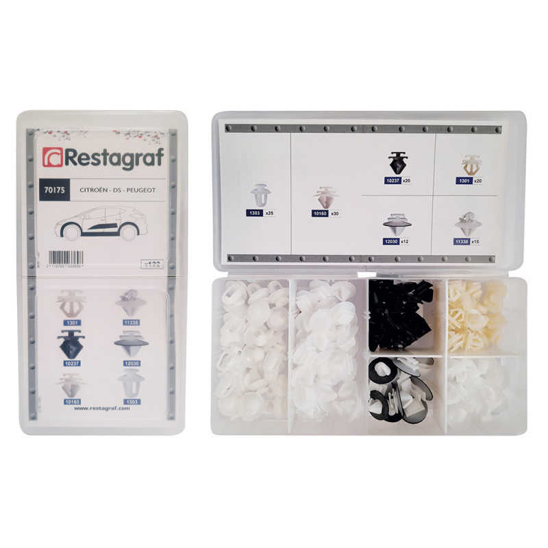 Set 122 clipsuri auto RESTAGRAF A70175, plastic, pentru Citroen, DS, Peugeot, cutie depozitare