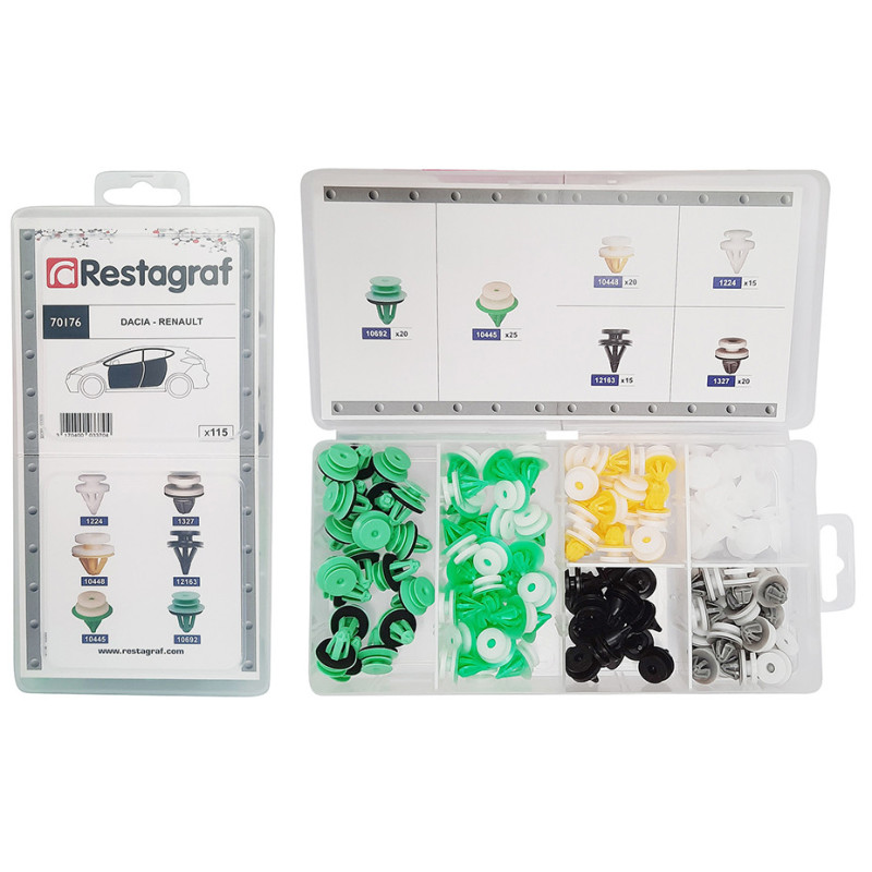 Set 115 clipsuri auto RESTAGRAF A70176, plastic, pentru Dacia, Renault, cutie depozitare