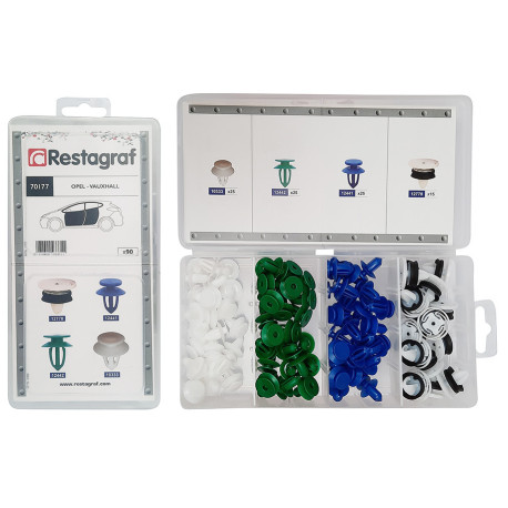 Set 90 clipsuri auto RESTAGRAF A70177, plastic, pentru Opel, Vauxall, cutie depozitare