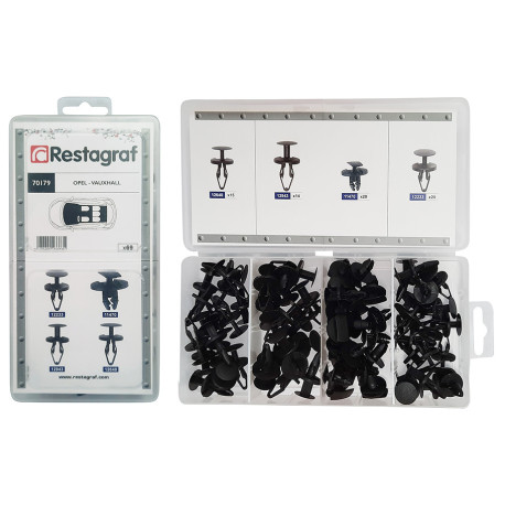 Set 69 clipsuri auto RESTAGRAF A70179, plastic, pentru Opel, Vauxall, cutie depozitare