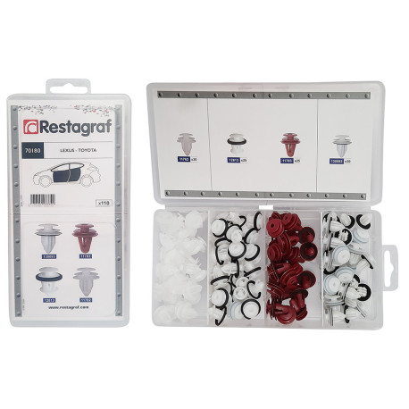 Set 110 clipsuri auto RESTAGRAF A70180, plastic, pentru Lexus, Toyota, cutie depozitare